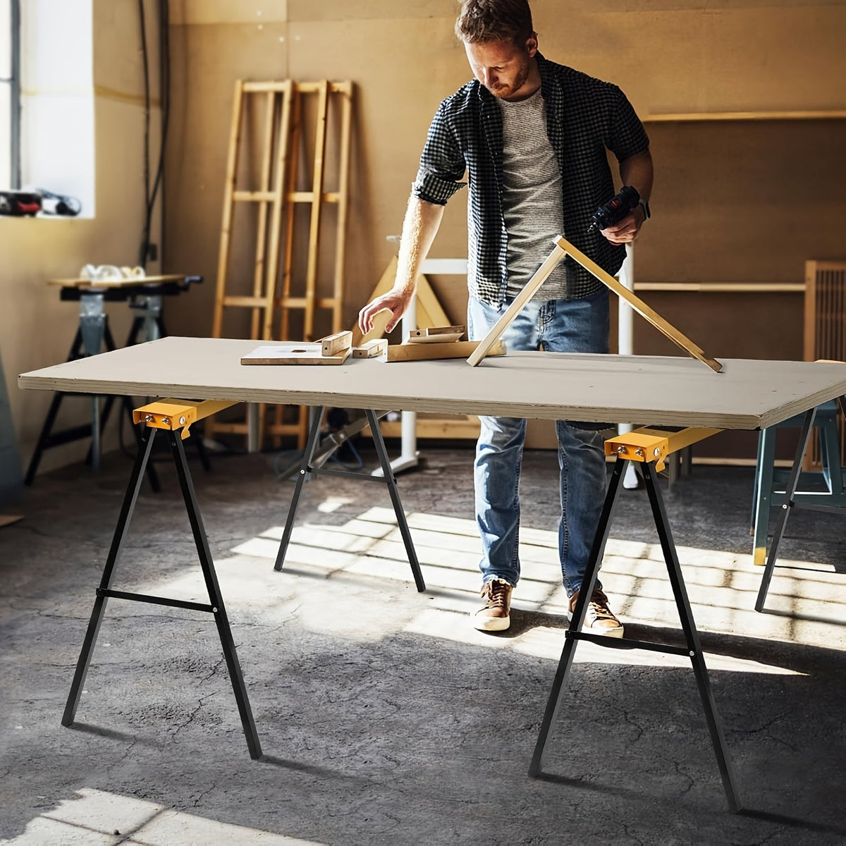 SAFSTAR Heavy Duty Steel Sawhorse Set of 2 Folding A-Frame 275 Lb Per Horse Quick Setup & Compact Folding for Workshop & Job Site – Black Yellow