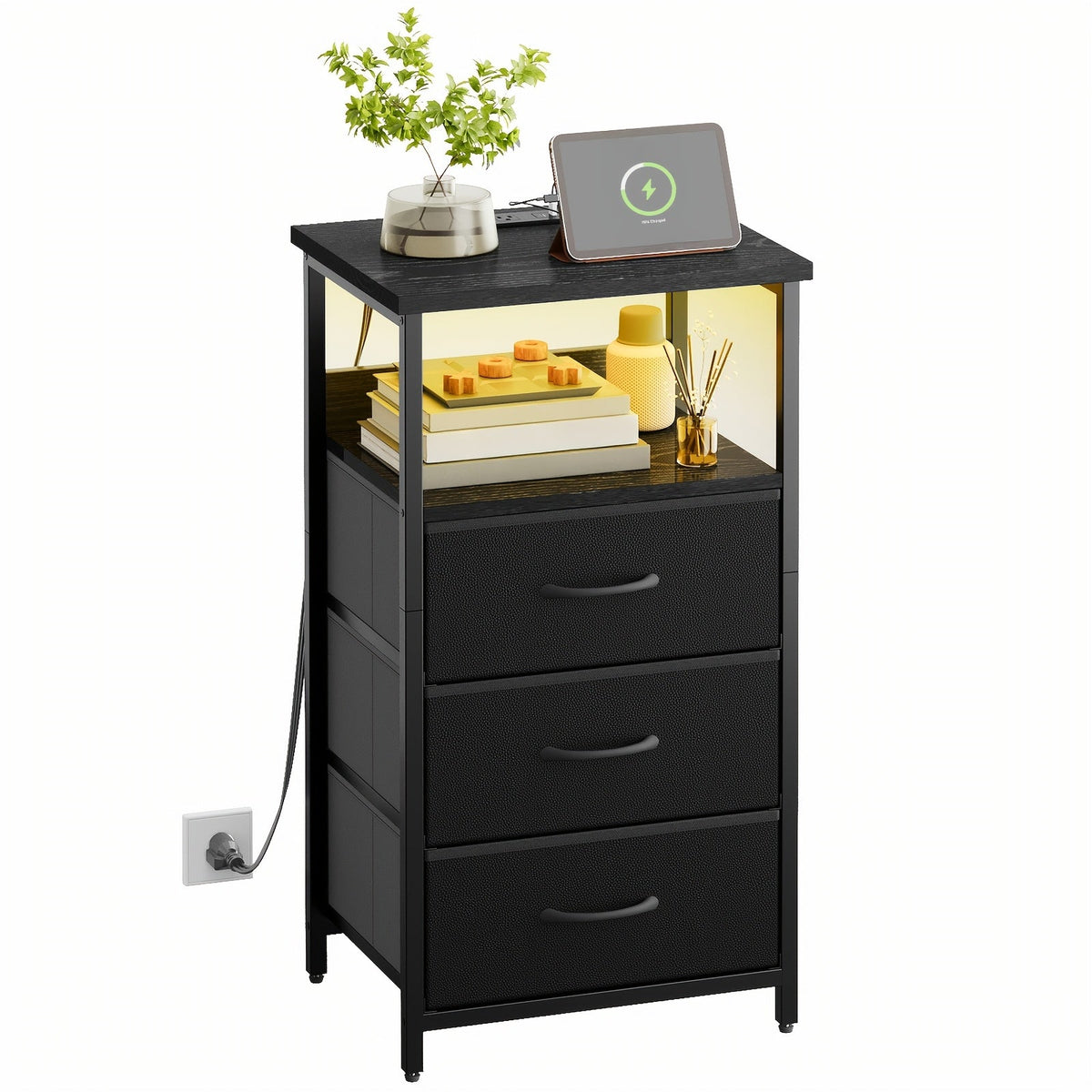 LED Nightstand with Charging Station - 1/2/3/4 Drawers, RGB App-Controlled Music-Sync Lighting, Metal Frame, Fabric Drawers & PU Finish, Adjustable Legs, 2 AC Outlets - 1 or 2 Pack - Bedroom & Living Room - Black, White, Gray & Brown
