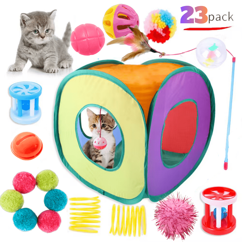 23 Piece Foldable Rainbow Cat Tunnel Toy Set for Kittens โ Collapsible Square Tunnel, Teaser Wand, Jingle Balls & Interactive Cat Toys, Indoor Outdoor Pet Play Tent & Exercise Playground