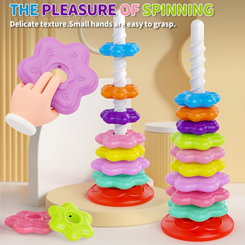 Rainbow Spinning Stacking Tower Toy for Toddlers โ 10-Piece Rotating Ring Toss Matching Game for Color Recognition & Cognitive Development | Multicolor Educational STEM Gift for Kids Ages 1-3