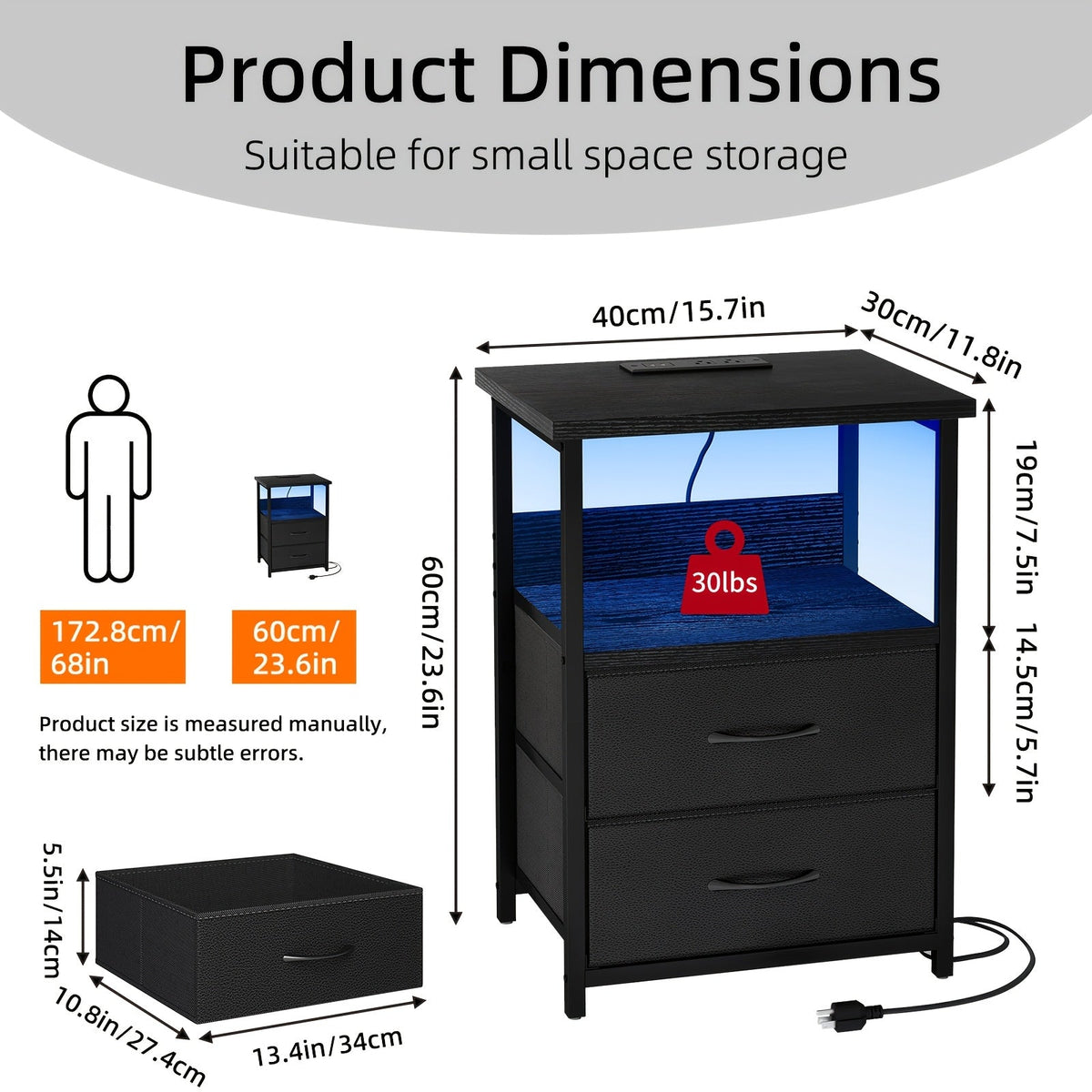 LED Nightstand with Charging Station - 1/2/3/4 Drawers, RGB App-Controlled Music-Sync Lighting, Metal Frame, Fabric Drawers & PU Finish, Adjustable Legs, 2 AC Outlets - 1 or 2 Pack - Bedroom & Living Room - Black, White, Gray & Brown