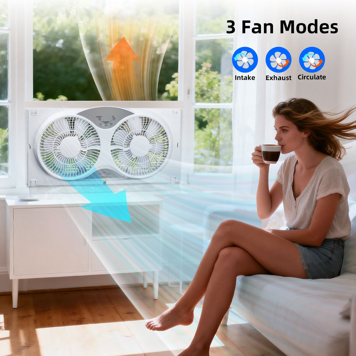 Twin Window Fan 9" - Reversible Airflow, 3 Speeds, 23.8"-37" Expandable Width, Exhaust & Intake - Remote or Timer - Home & Bedroom