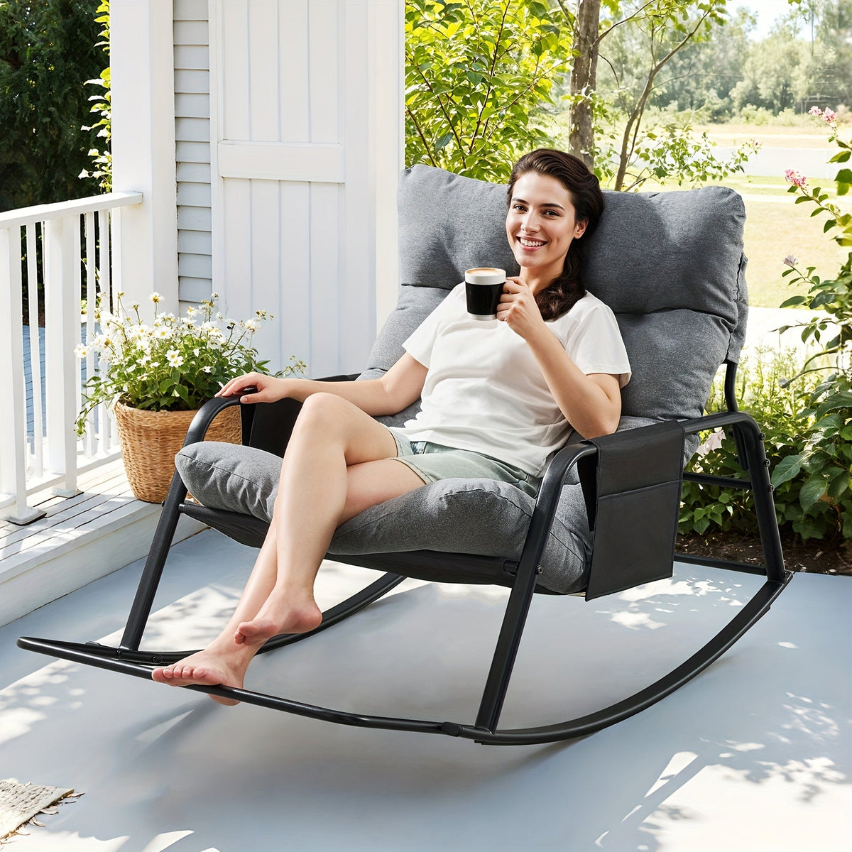Oversized Outdoor Patio Upholstered Rocking Chair with 5.5" Thick Cushion, Footrest & Double-Sided Storage Bags for Patio Terrace Garden & Balcony – Non-Slip Backing, Available in Beige & Grey, 1 or 2 Pack
