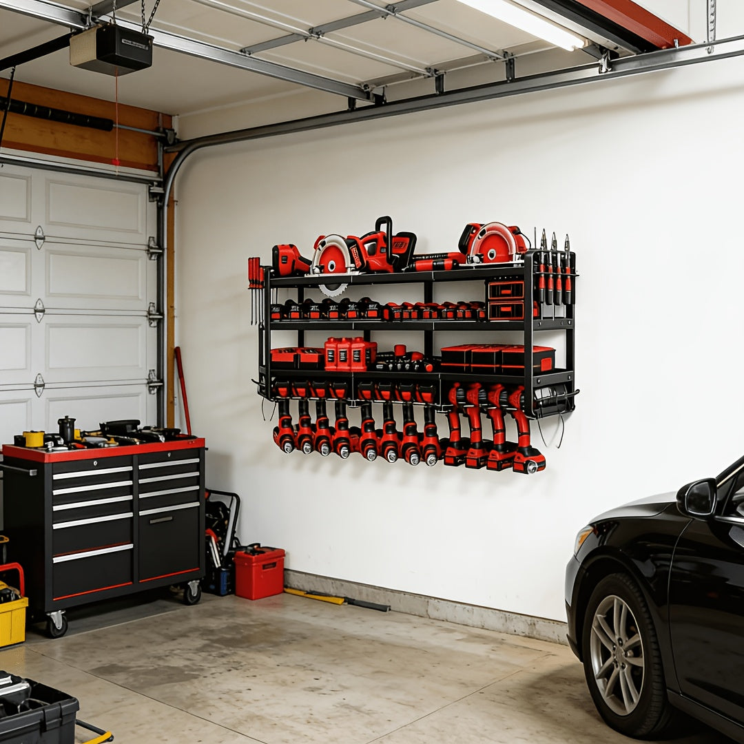 50" Wall Mount Power Tool Organizer, 600 lbs Capacity, 4-Tier Heavy Duty, Holds 12 Cordless Drills, Battery Tool Storage Rack, for Garage, Shed, Workbench & Workshop
