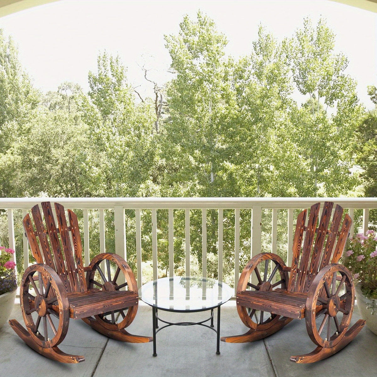 Outdoor Solid Fir Wood Wagon Wheel Rocking Chair, 330 Lb Capacity, Carbonized Finish, for Patio, Garden & Porch