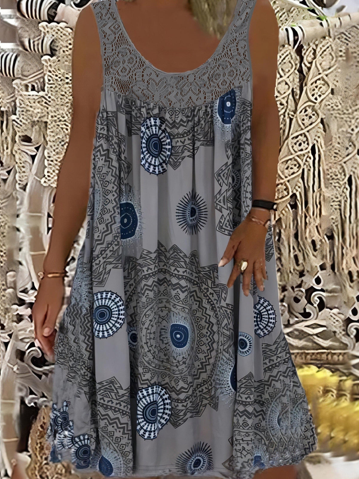 Women's Elegant Sleeveless A-Line Dress - Contrast Lace Hem & Geometric Print - Knee-Length, Round Neck, Machine Washable - Plus Size 0XL–8XL - Purple, Blue, Black, White, Red & More