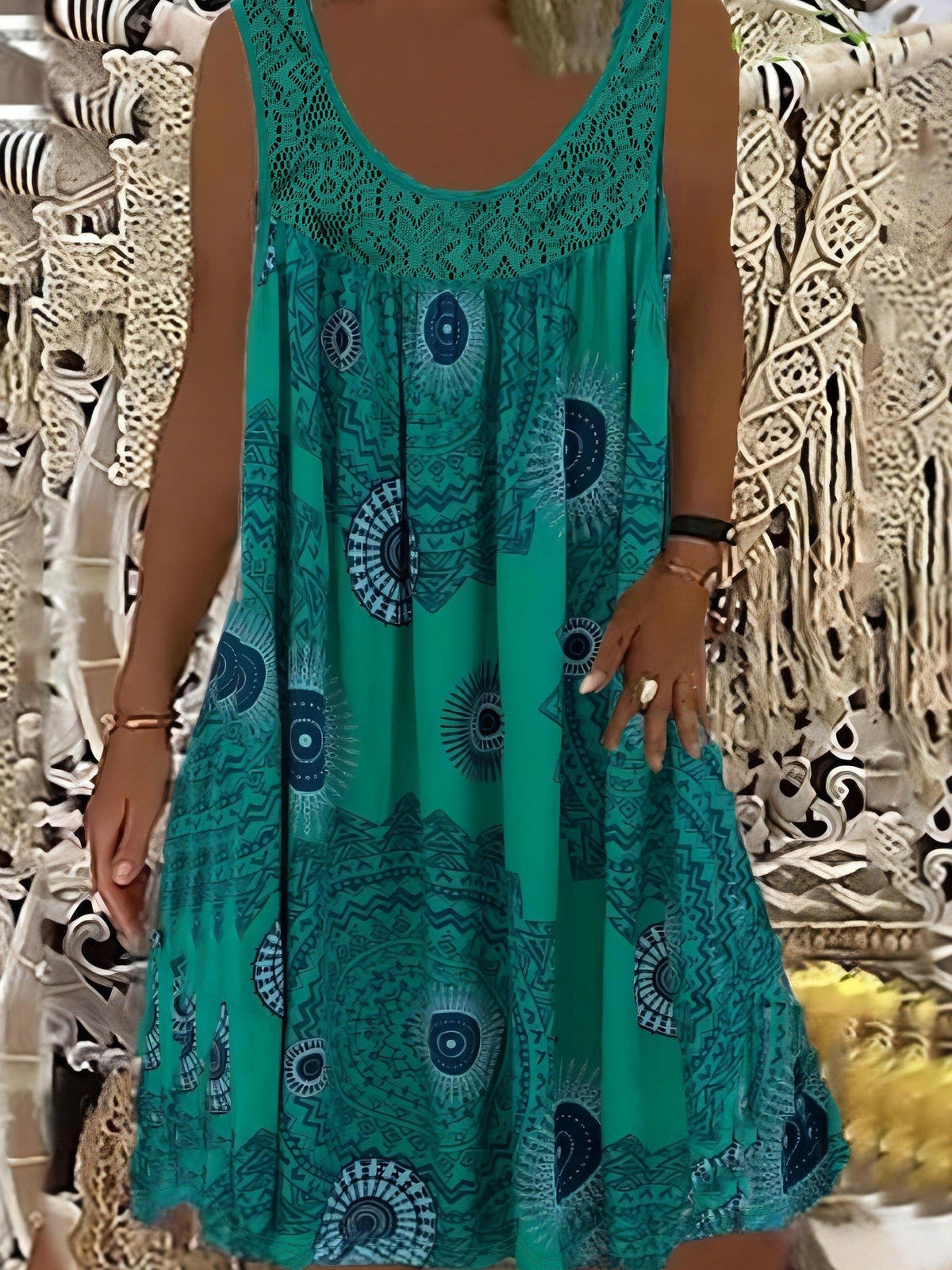 Women's Elegant Sleeveless A-Line Dress - Contrast Lace Hem & Geometric Print - Knee-Length, Round Neck, Machine Washable - Plus Size 0XL–8XL - Purple, Blue, Black, White, Red & More