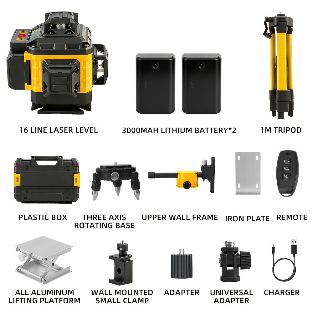 16-Line 4D Laser Level - 360° Self-Leveling, 2x 3000mAh Batteries, Remote Control, Digital Display, Optional 39" Tripod - Construction, Tile, Renovation, Wall & Floor Alignment, Picture Hanging