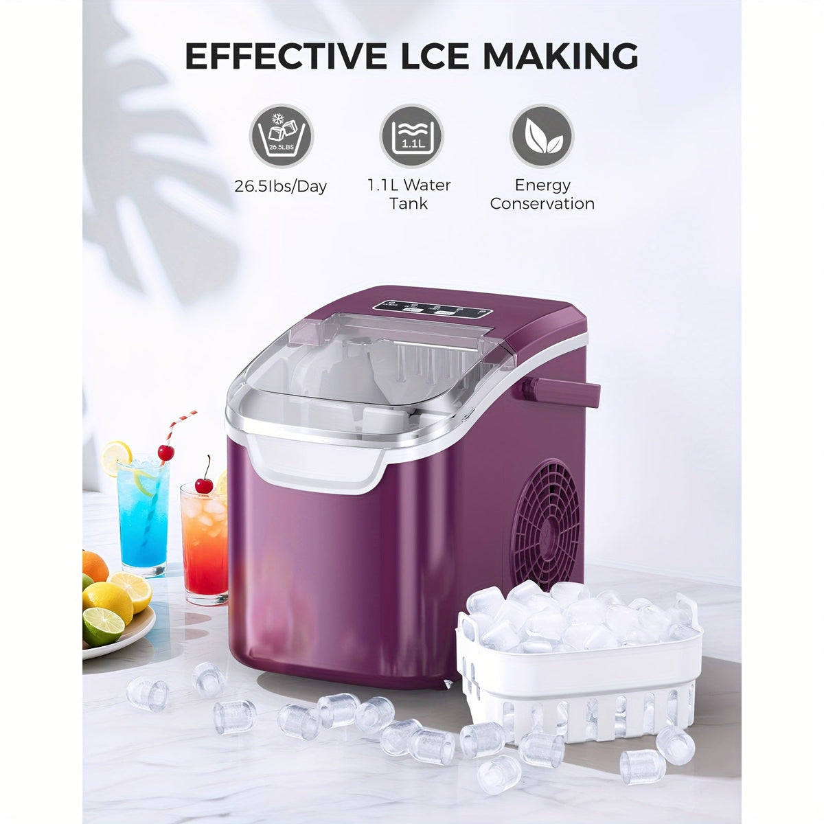 Countertop Ice Maker – 26 LB per 24 Hours Ice Ready in 6 Minutes Self-Cleaning 2 Ice Sizes Scoop Basket & Handle for Home Party RV & Camping in White Black Green & Purple