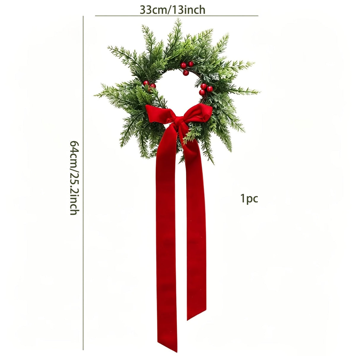4-Pack Artificial Cedar Christmas Wreath - Green with Red Berries & Ribbon Bow - Front Door, Window, Wall, Cabinet & Wedding - Indoor Holiday Decoration