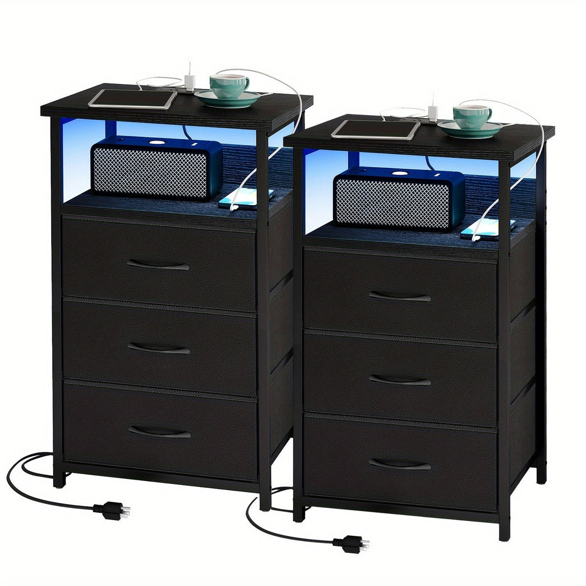 LED Nightstand with Charging Station - 1/2/3/4 Drawers, RGB App-Controlled Music-Sync Lighting, Metal Frame, Fabric Drawers & PU Finish, Adjustable Legs, 2 AC Outlets - 1 or 2 Pack - Bedroom & Living Room - Black, White, Gray & Brown
