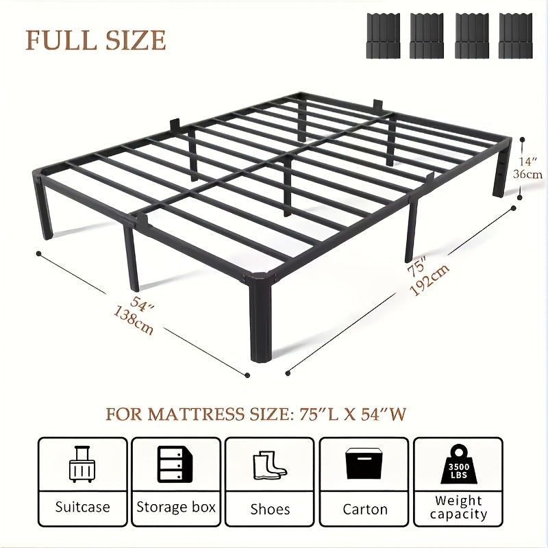14-Inch Metal Bed Frame Twin Full Queen – Heavy-Duty Iron Frame with Fan-Shaped Legs Mattress Fixers & Under-Bed Storage Space Easy Assembly Black