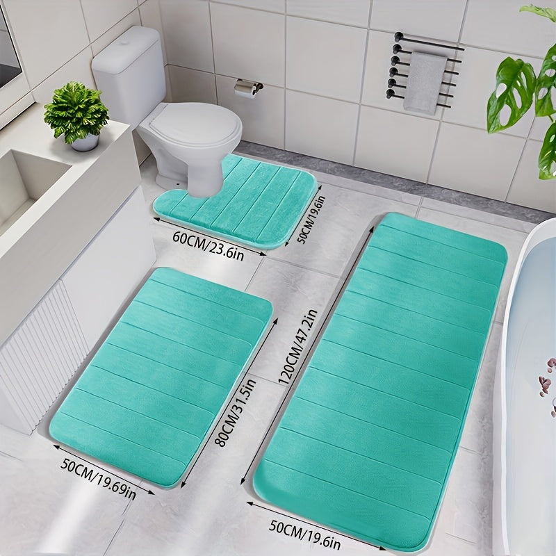 3-Piece Memory Foam Striped Bath Mat Set - Non-Slip, Thickened, Quick-Dry & Machine Washable - Soft Bathroom & Shower Room Mats - 10 Colors