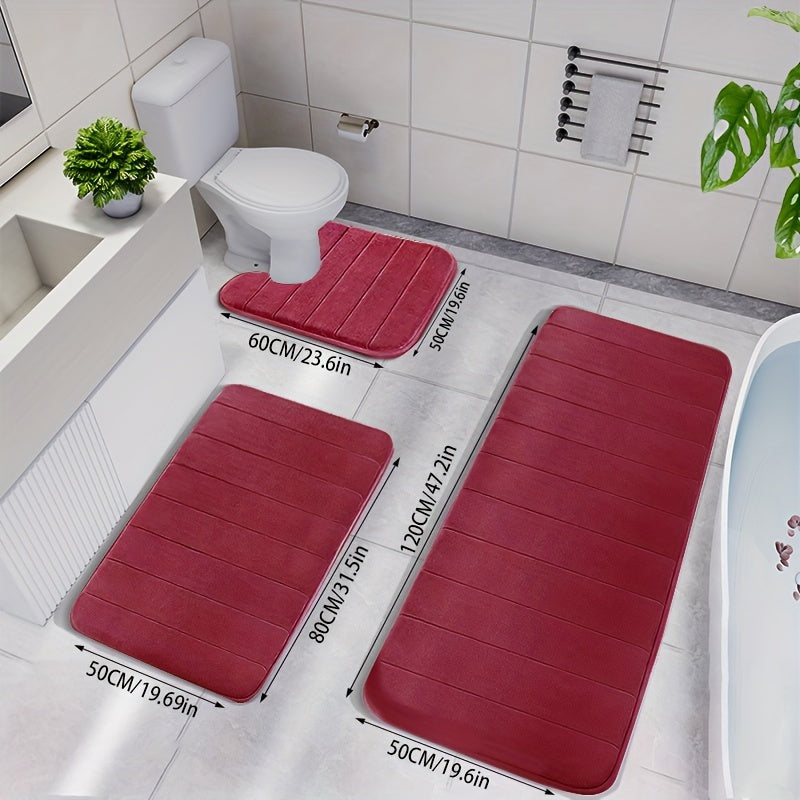 3-Piece Memory Foam Striped Bath Mat Set - Non-Slip, Thickened, Quick-Dry & Machine Washable - Soft Bathroom & Shower Room Mats - 10 Colors