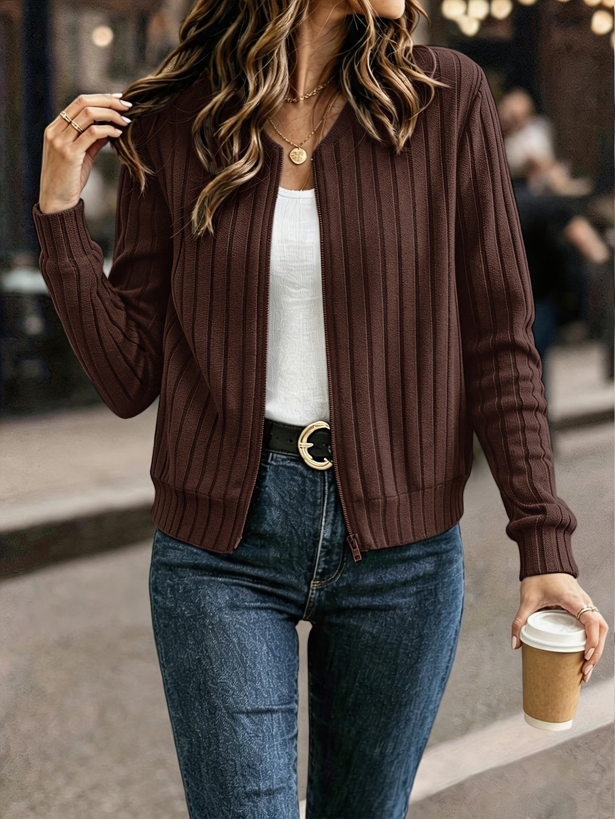 Women's Solid Color Ribbed Zip-Up Long Sleeve Jacket Coat – Elegant Casual Commuter Outerwear Fall Winter Knit Top