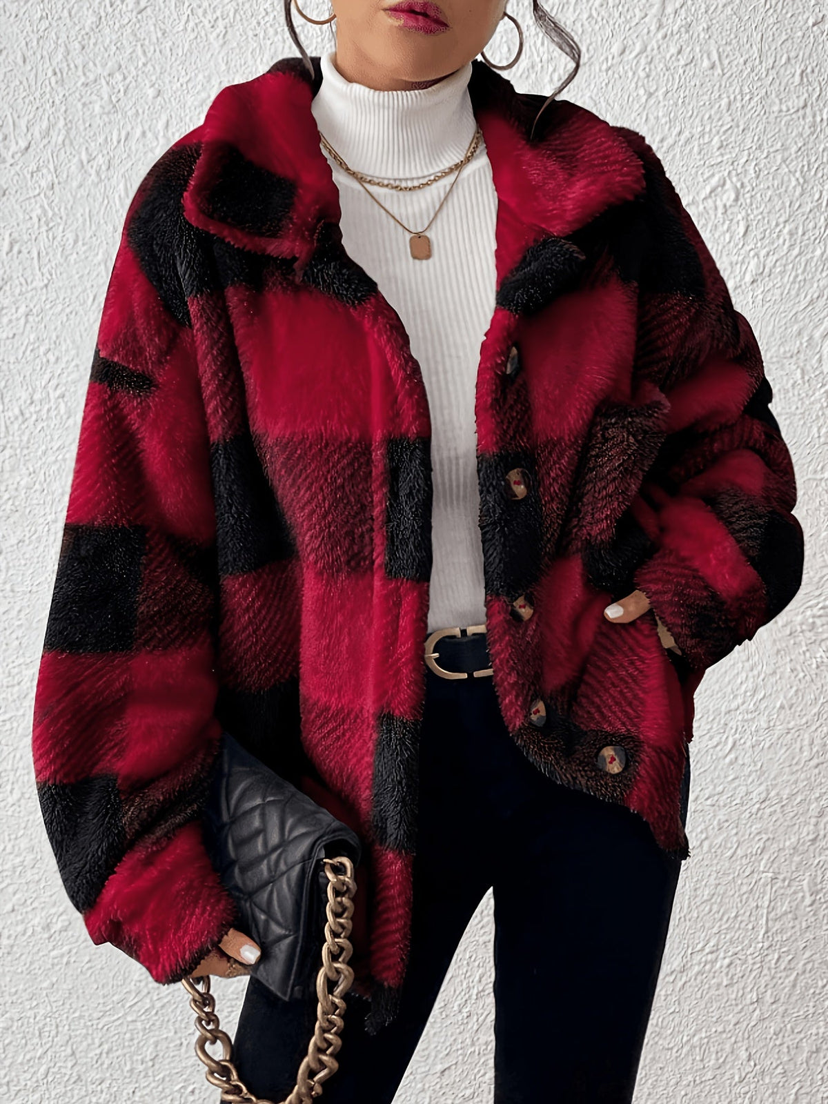 Women's Plaid Plush Button-Front Jacket – Elegant Casual Fuzzy Coat Warm Cozy Outerwear Autumn Winter Daily Wear