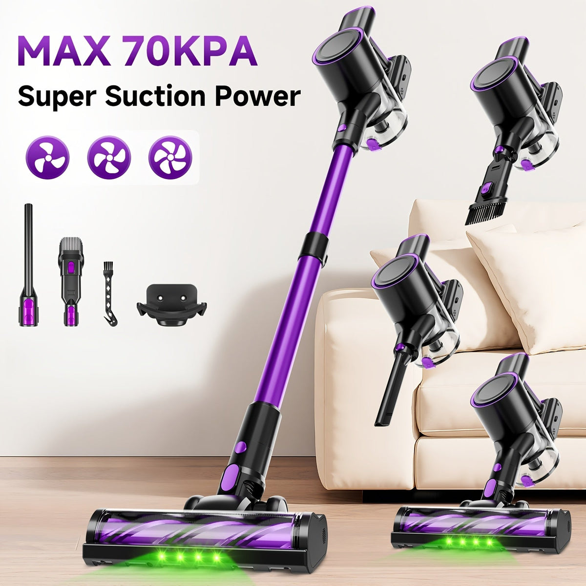 Wired & Wireless Cordless Stick Vacuum Cleaner - 55–70 KPa, 3-Speed, 45-Min Battery, Detachable Battery, LED Floor Brush - Pet Hair, Carpet & Hard Floor - Lightweight Handheld