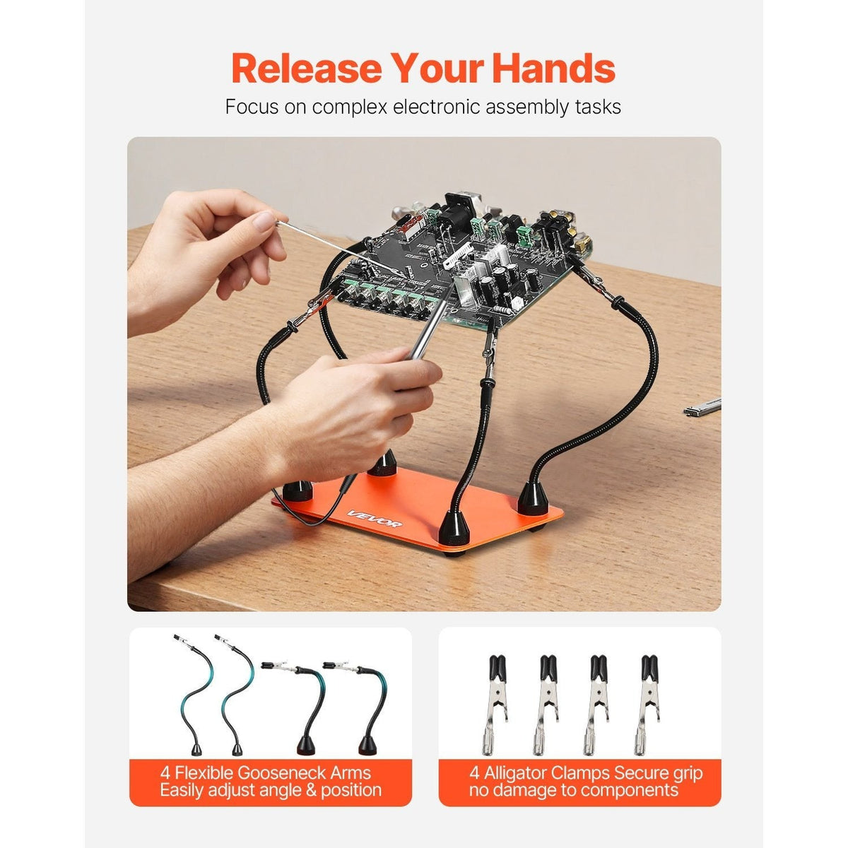 VEVOR Magnetic Helping Hands Soldering Station with 4 Gooseneck Arms 6 PCB Holders & 360° Hot Air Gun Holder Heavy-Duty Steel Base for Electronics PCB Wiring & Crafts