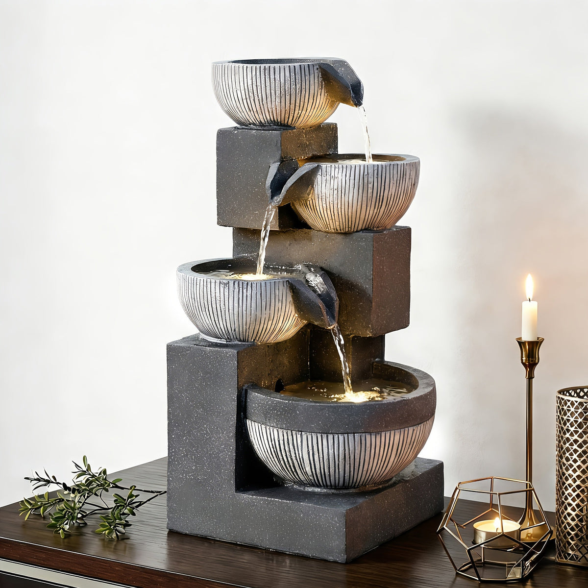 Indoor Water Fountain 4-Tier 18.7" – Cascading Bowl Waterfall with LED Lights & Silent Pump Floor Standing Tabletop Fountain for Home Office Living Room Meditation in Gray