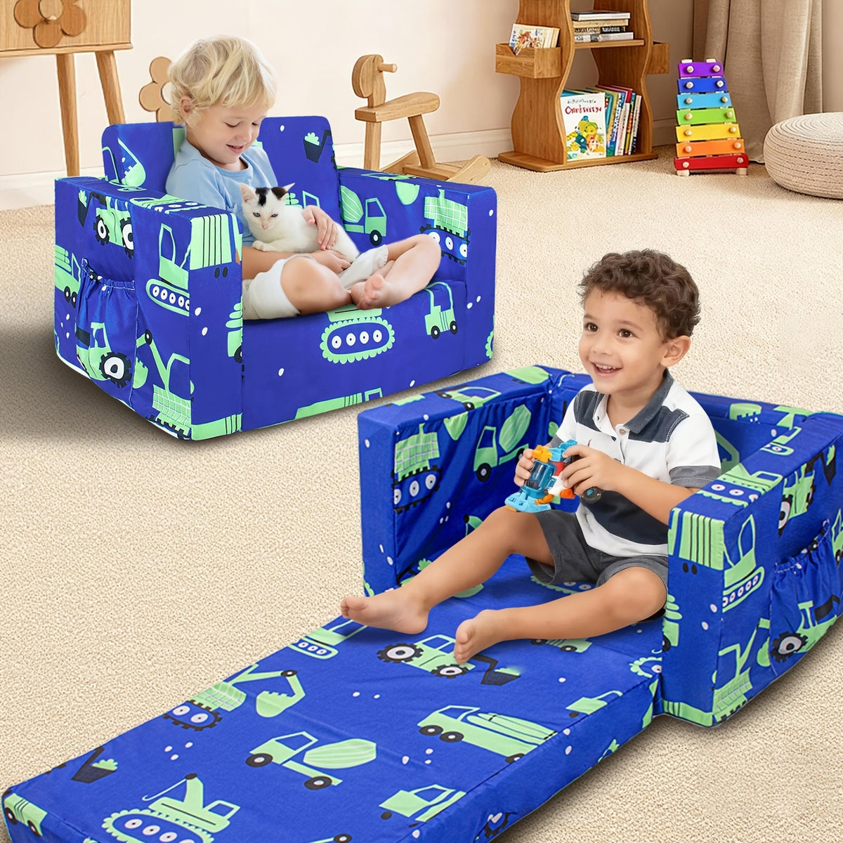 2-in-1 Kids Sofa Fold-Out Convertible Chair – Toddler Couch to Lounger with Washable Cover for Reading Playing Napping Boys Girls