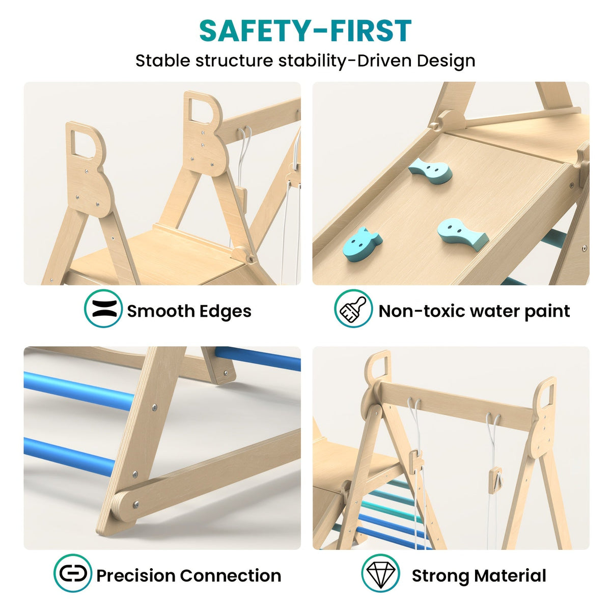 4-in-1 Indoor Wooden Jungle Gym for Toddlers & Kids, A-Frame Climbing Set with Swing, Slide, Climbing Wall & Ladder, Natural Wood Indoor Playground for Active Play & Motor Skill Development