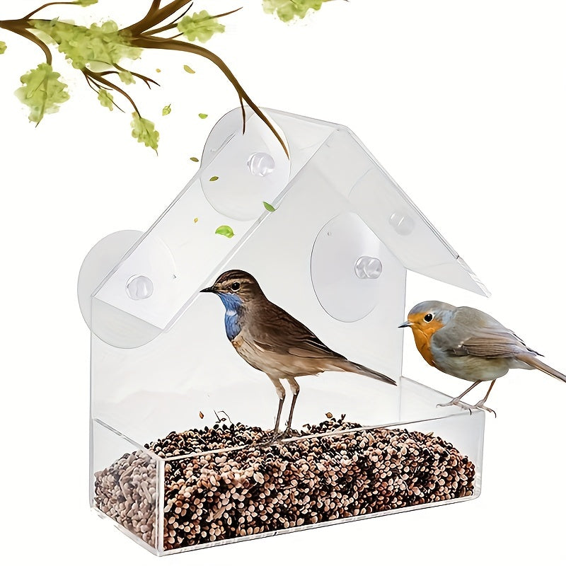 Acrylic Window Bird Feeder House-Shaped Transparent Seed Tray with Suction Cups for Secure Mounting โ Clear View Wild Bird Feeder for Backyard Garden Bird Watching