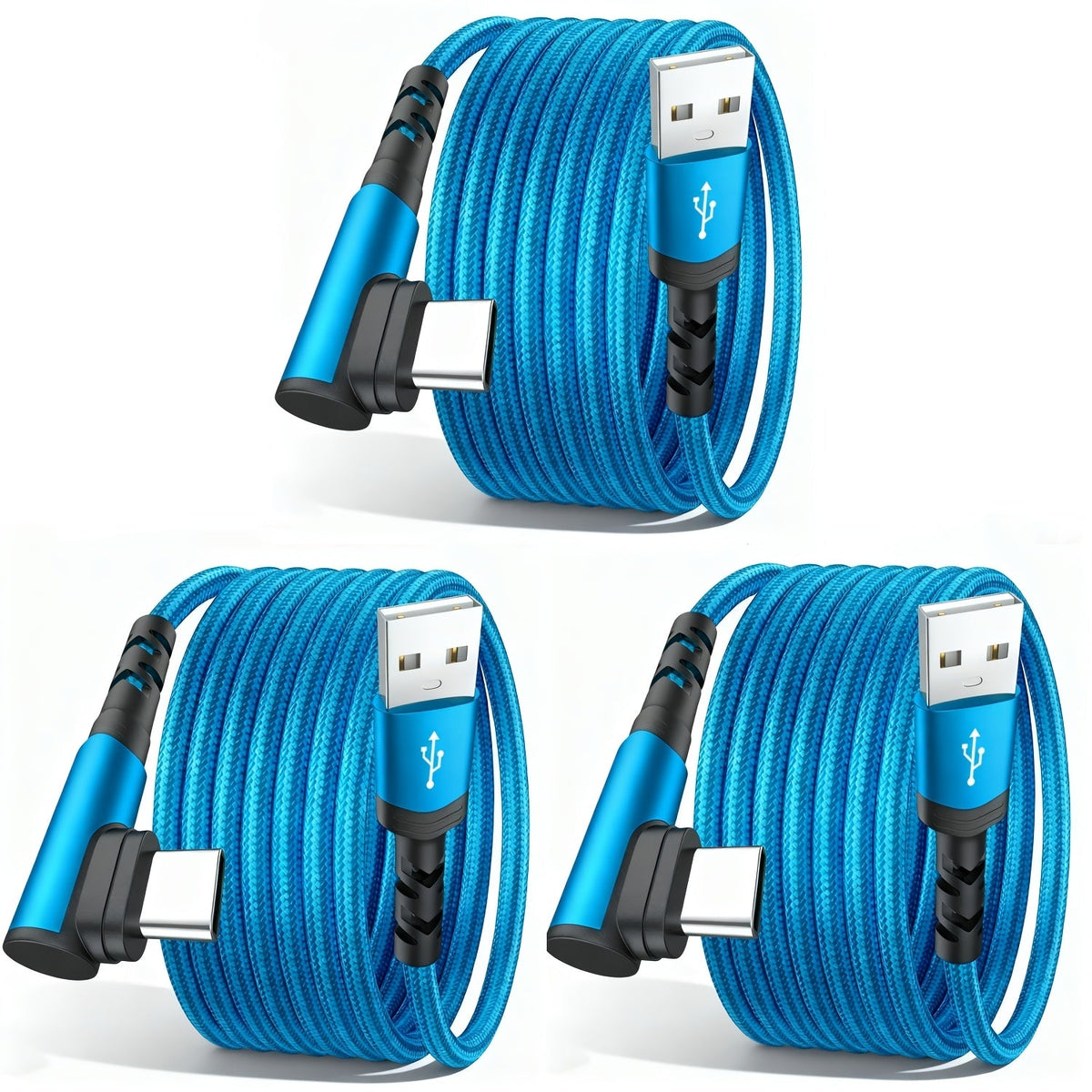 3-Pack Right Angle Braided USB-A to USB-C Fast Charging Cable - 1m, 2m & 3m - iPhone 15/16/17, iPad, Samsung, Huawei & More - Black, Blue, Red, Purple, Rose Gold & Silver