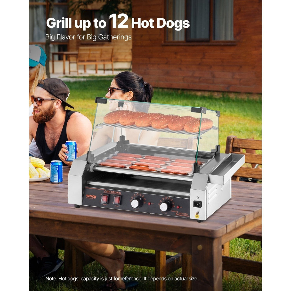 VEVOR Hot Dog Roller Machine 12 Hot Dogs 5 Stainless Steel Rollers Dual Temperature Control Glass Cover Storage Box & Removable Drip Tray for Food Stands Parties & Restaurants – Silver