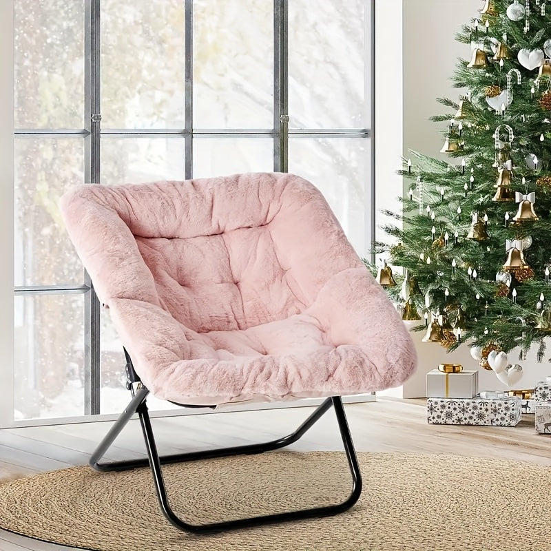 Square Moon Chair Foldable Lounge Chair 450 Lbs Capacity Padded Backrest Sturdy Metal Frame Space-Saving for Bedroom Balcony & Carpeted Floor – White Pink Gray