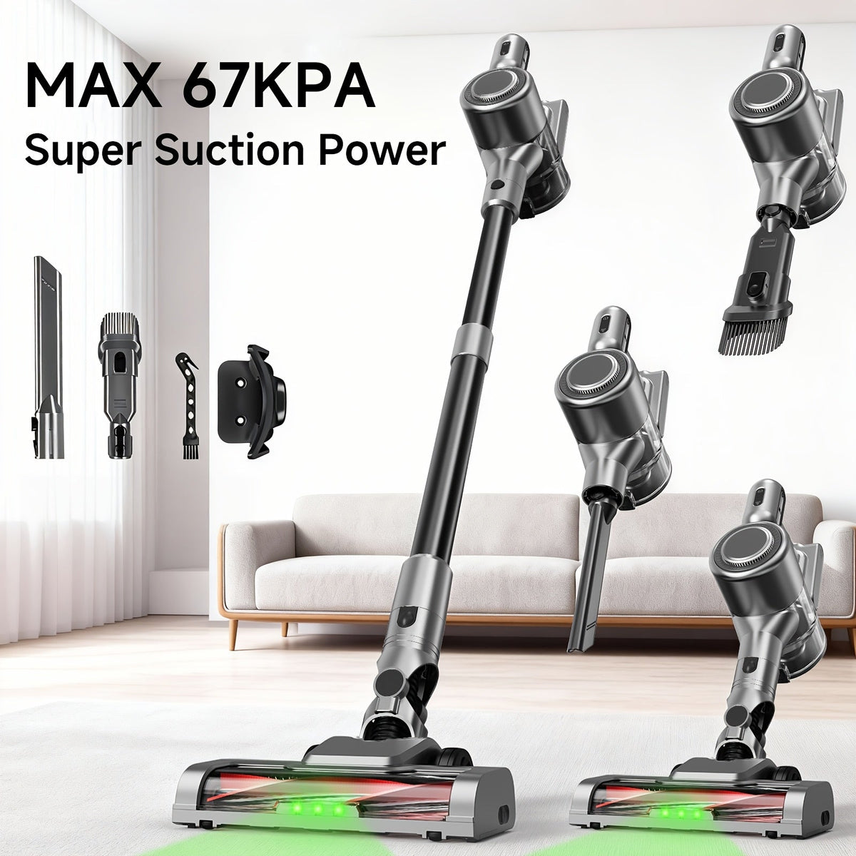 Wired & Wireless Cordless Stick Vacuum Cleaner - 55–70 KPa, 3-Speed, 45-Min Battery, Detachable Battery, LED Floor Brush - Pet Hair, Carpet & Hard Floor - Lightweight Handheld