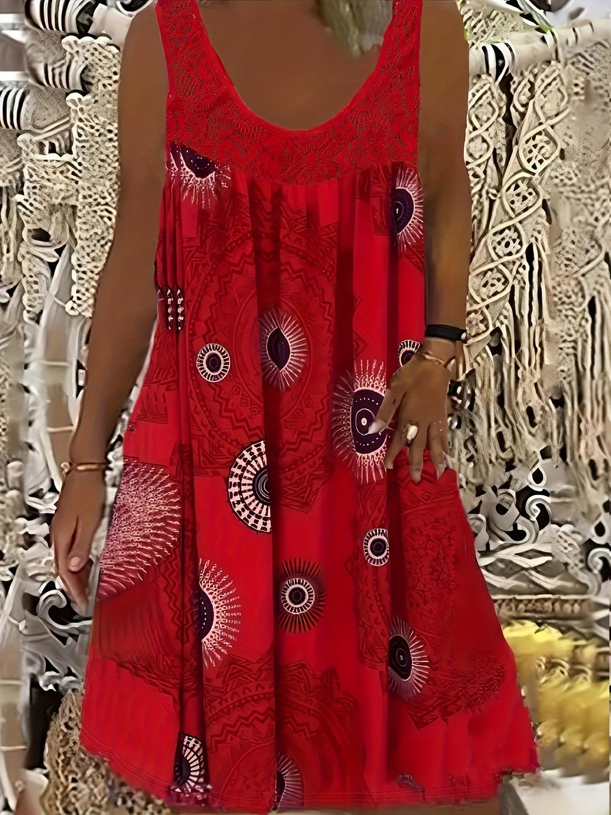 Women's Elegant Sleeveless A-Line Dress - Contrast Lace Hem & Geometric Print - Knee-Length, Round Neck, Machine Washable - Plus Size 0XL–8XL - Purple, Blue, Black, White, Red & More