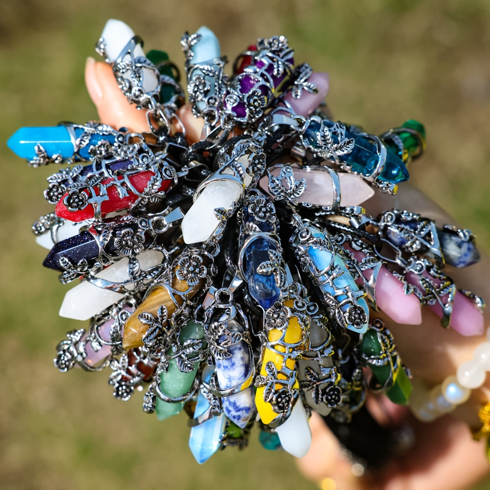 20pcs Natural Stone Hexagonal Column Pendant & Rope Necklace DIY Set โ Boho Vintage Gemstone Pendants for Jewelry Craft Making, 10 Wrapped Flower Pendants + 10 Rope Necklaces, Perfect Gift