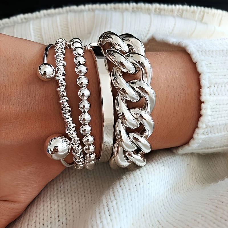 5-Piece Chunky Wide Chain Beaded Bracelet Set for Women โ Stackable Layering Fashion Jewelry, Gold & Silver Tones, Perfect for Daily Wear, Dating, Vacation, Parties & Gifts for Girlfriend