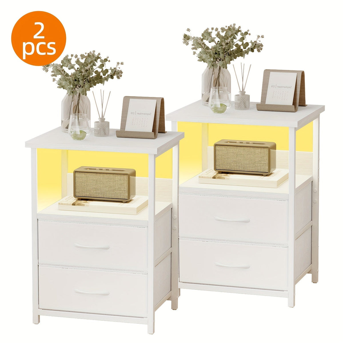 LED Nightstand with Charging Station - 1/2/3/4 Drawers, RGB App-Controlled Music-Sync Lighting, Metal Frame, Fabric Drawers & PU Finish, Adjustable Legs, 2 AC Outlets - 1 or 2 Pack - Bedroom & Living Room - Black, White, Gray & Brown