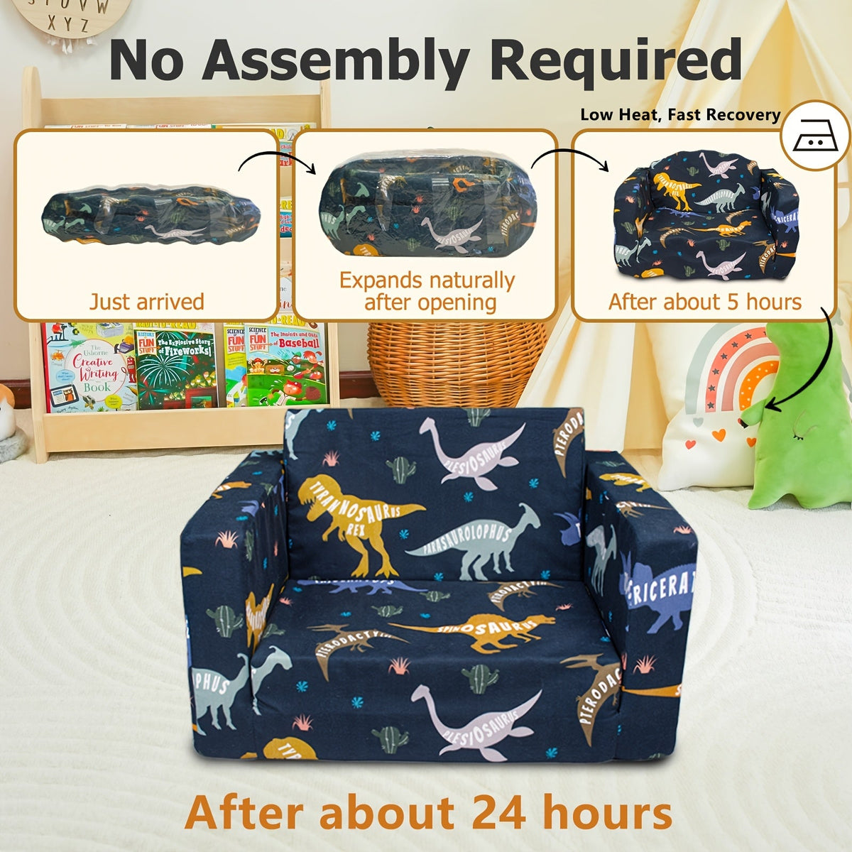 Kids 2-in-1 Convertible Sofa Bed Toddler Flip Out Lounge Chair No Assembly Required Machine Washable Cover for Boys Girls Bedroom Playroom Daycare Blue Dinosaur Cars