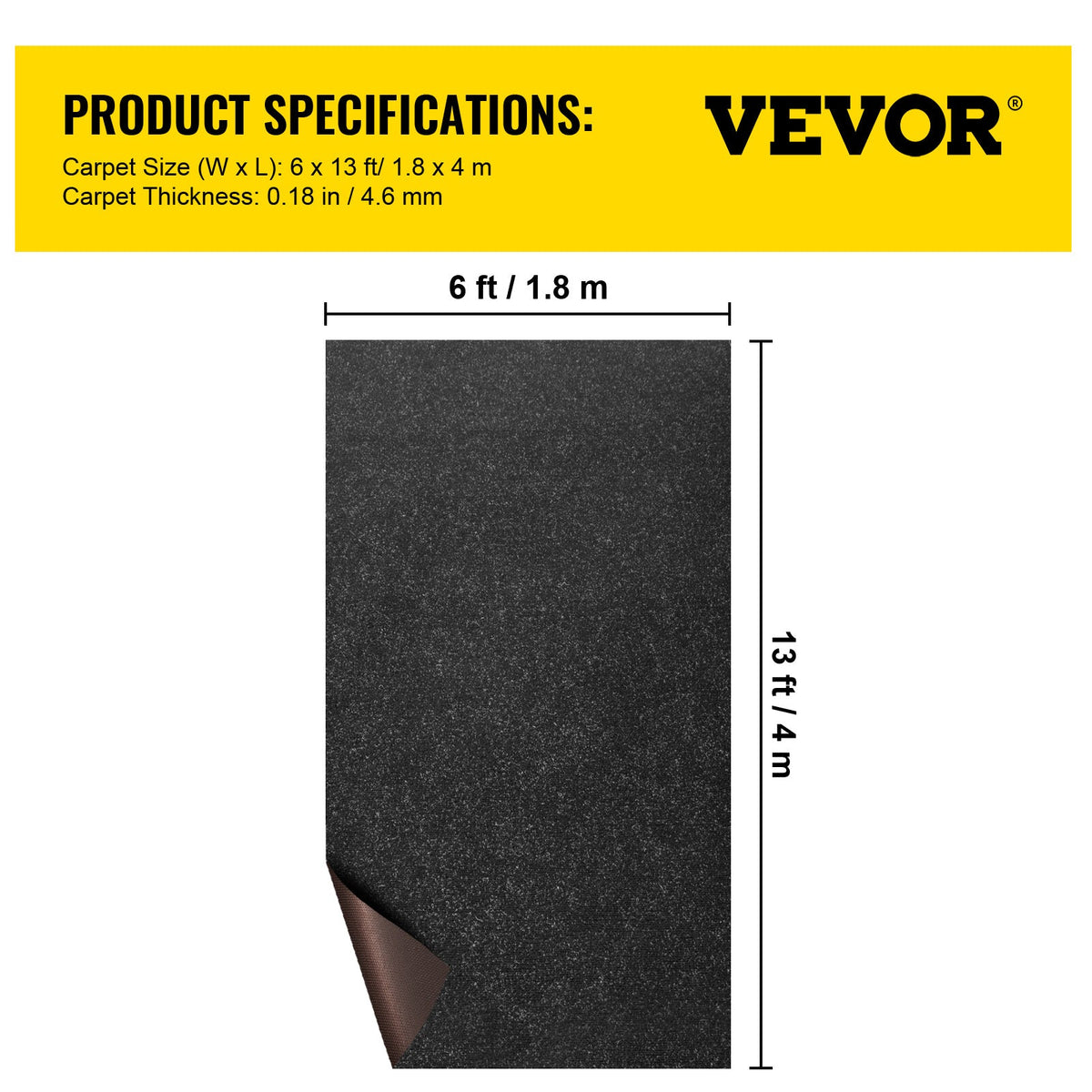 Marine Boat Carpet 6ft x 13.1ft, Waterproof, Anti-Slip Ribbed Surface, Rubber Waterproof Backing, 0.18" Thickness, Cuttable to Any Shape, Easy Clean, for Boat Deck Patio Dock Garage, Black