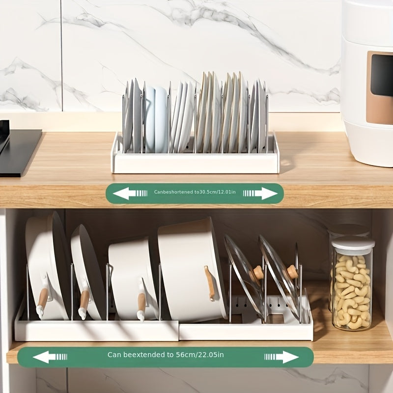 Adjustable Pots and Pans Organizer Rack โ Expandable Bakeware Organizer with Dividers & Pot Lid Holder, Under Cabinet or Countertop Kitchen Storage for Pots, Pans, Lids & Bakeware, White Metal