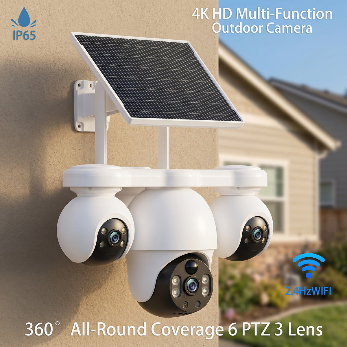 Solar-Powered Outdoor Security Camera, Triple Lens 8MP UHD, 360° Rotation, Color Night Vision, Motion Detection, Two-Way Audio, Wi-Fi / 4G LTE, Cloud & Local Storage, Detachable Solar Panel (SD Card Not Included)