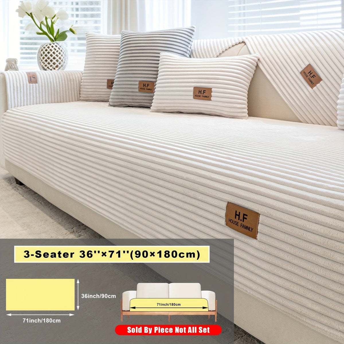 Short Plush Striped Sofa Cover & Cushion - All-Season, Pet-Friendly & Non-Slip - Armchair, Loveseat, 3/4/5-Seater, Backrest, Armrest & Pillowcase - White, Dark Gray, Light Gray, Coffee & Blue