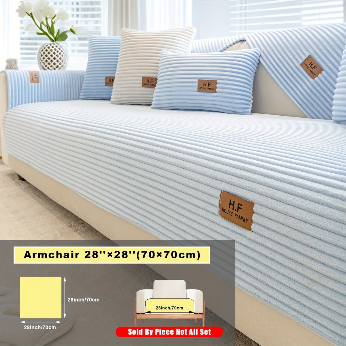 Short Plush Striped Sofa Cover & Cushion - All-Season, Pet-Friendly & Non-Slip - Armchair, Loveseat, 3/4/5-Seater, Backrest, Armrest & Pillowcase - White, Dark Gray, Light Gray, Coffee & Blue
