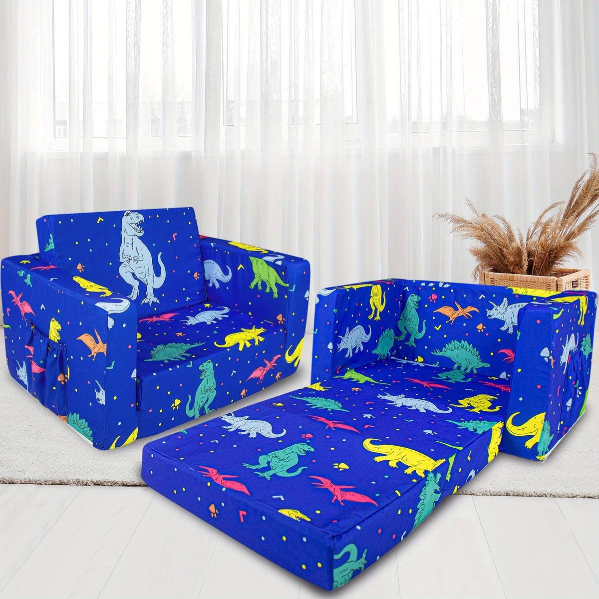 Kids Sofa 2-in-1 Toddler Fold Out Couch Convertible Lounger Soft Foam No Assembly Required for Boys Girls Reading Napping Playing Blue Dinosaur Purple Unicorn Cars