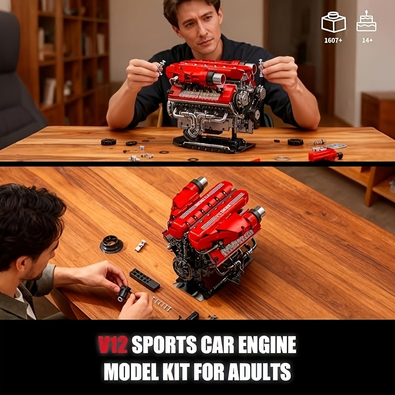 1607pcs Motorized V12 Engine Model Kit with Rechargeable Motor – Sports Car Engine Assembly Set, STEM Mechanical Engineering Building Toy, Group Build Collectible, Holiday Birthday Gift for Adults & Teens