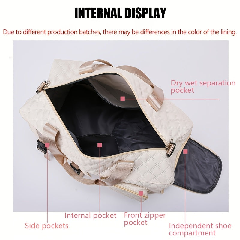 Large Capacity Argyle Travel Duffle Bag - Sports Gym Bag - Spacious & Portable for Overnight & Weekend Trips - Off White, Dark Blue, Green, Pink, Grey, Purple, Khaki & Black
