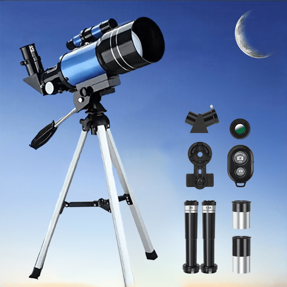 150X Portable Astronomical Telescope - 70mm Aperture, Tripod, Phone Holder, Eyepiece & Barlow Lens - Adults & Nature Education - White+Black, Blue, Black & White+Blue