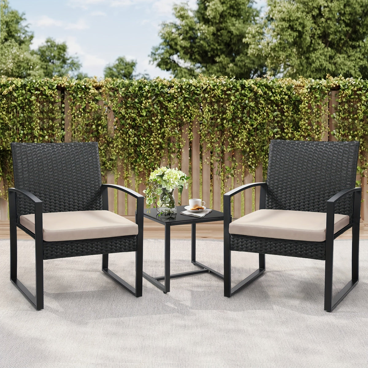 Rattan Bistro Set 3-Piece with Safety Glass Top Table & Plush Cushions – Outdoor Patio Conversation Set with 2 Chairs for Backyard, Balcony & Garden, Black Rattan Gray Black Beige Cushion – Nova Mart