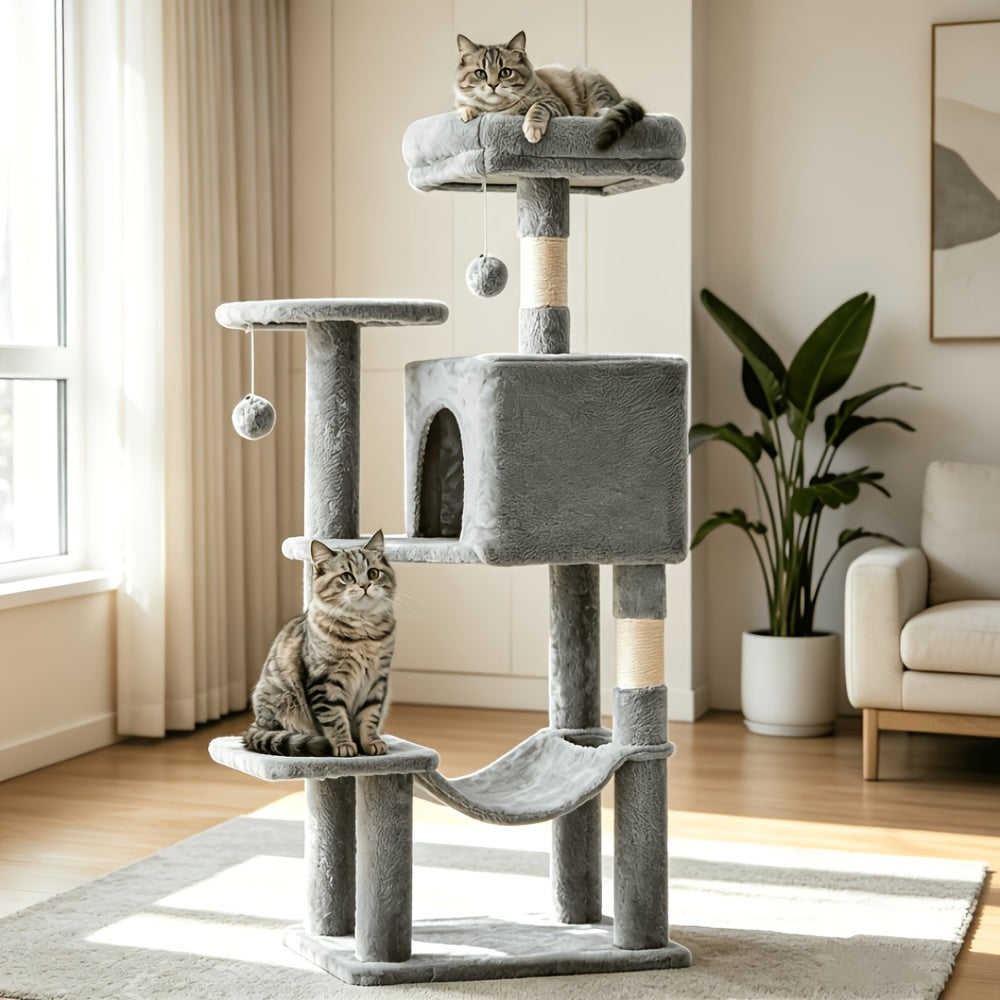 44 Inch Cat Tree Tower with Natural Sisal Scratch Posts, Large Hammock & Enclosed Cat Bed - Multi-Level Indoor Cat Climbing Structure for Large Cats & Multiple Cats, Modern Pet Furniture for Home