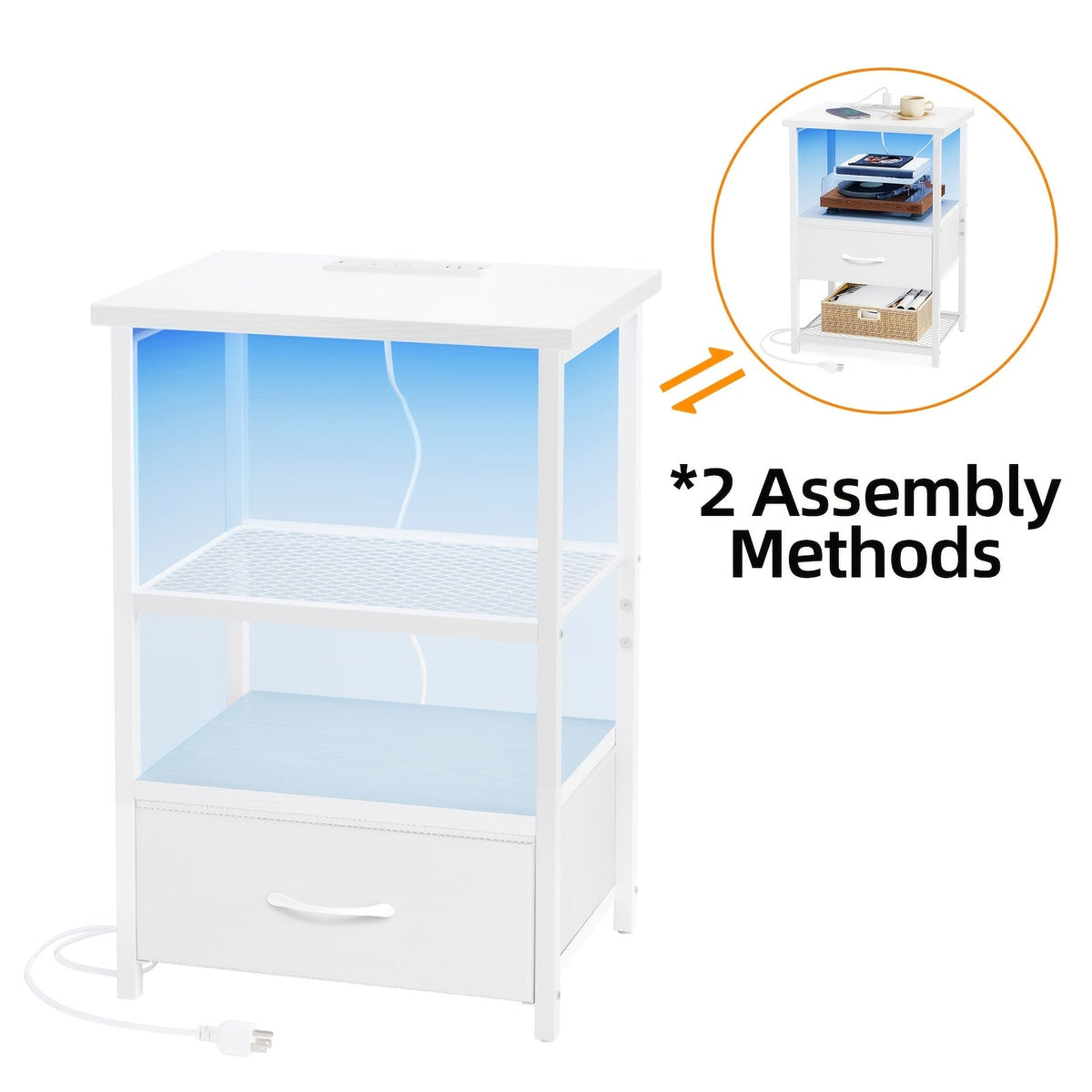 LED Nightstand with Charging Station - 1/2/3/4 Drawers, RGB App-Controlled Music-Sync Lighting, Metal Frame, Fabric Drawers & PU Finish, Adjustable Legs, 2 AC Outlets - 1 or 2 Pack - Bedroom & Living Room - Black, White, Gray & Brown