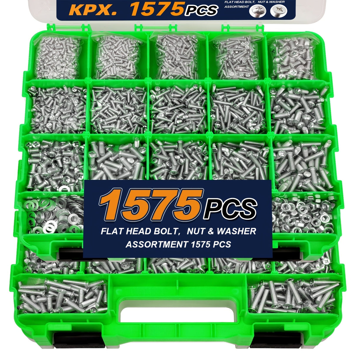 1575-Piece Nut & Bolt Assortment Set - Phillips & Flat Head Screws, Nuts, Bolts & Washers with Double-Sided Storage Case - 10 Colors