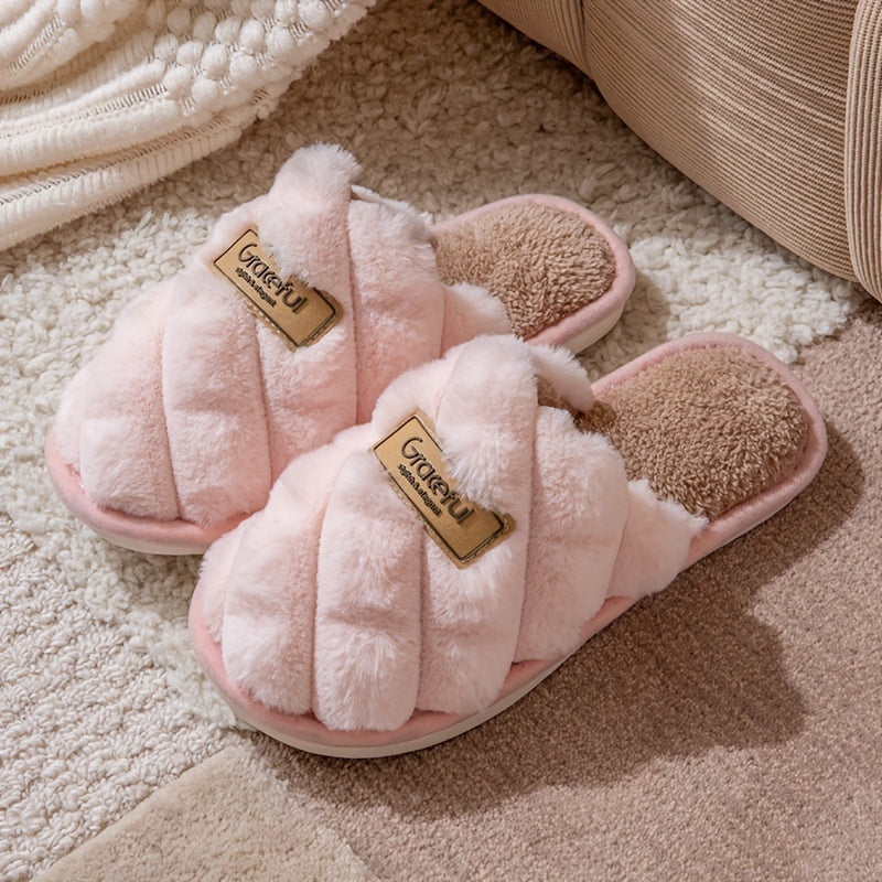 Pineapple Grain Contrast Color Plush Slippers - Unisex, Non-Slip, Warm & Cozy Slip-On Indoor Home Slippers for Autumn & Winter - US 4.5–14 - Ivory White, Pink Red, Light Grey, Royal Blue & Yellow