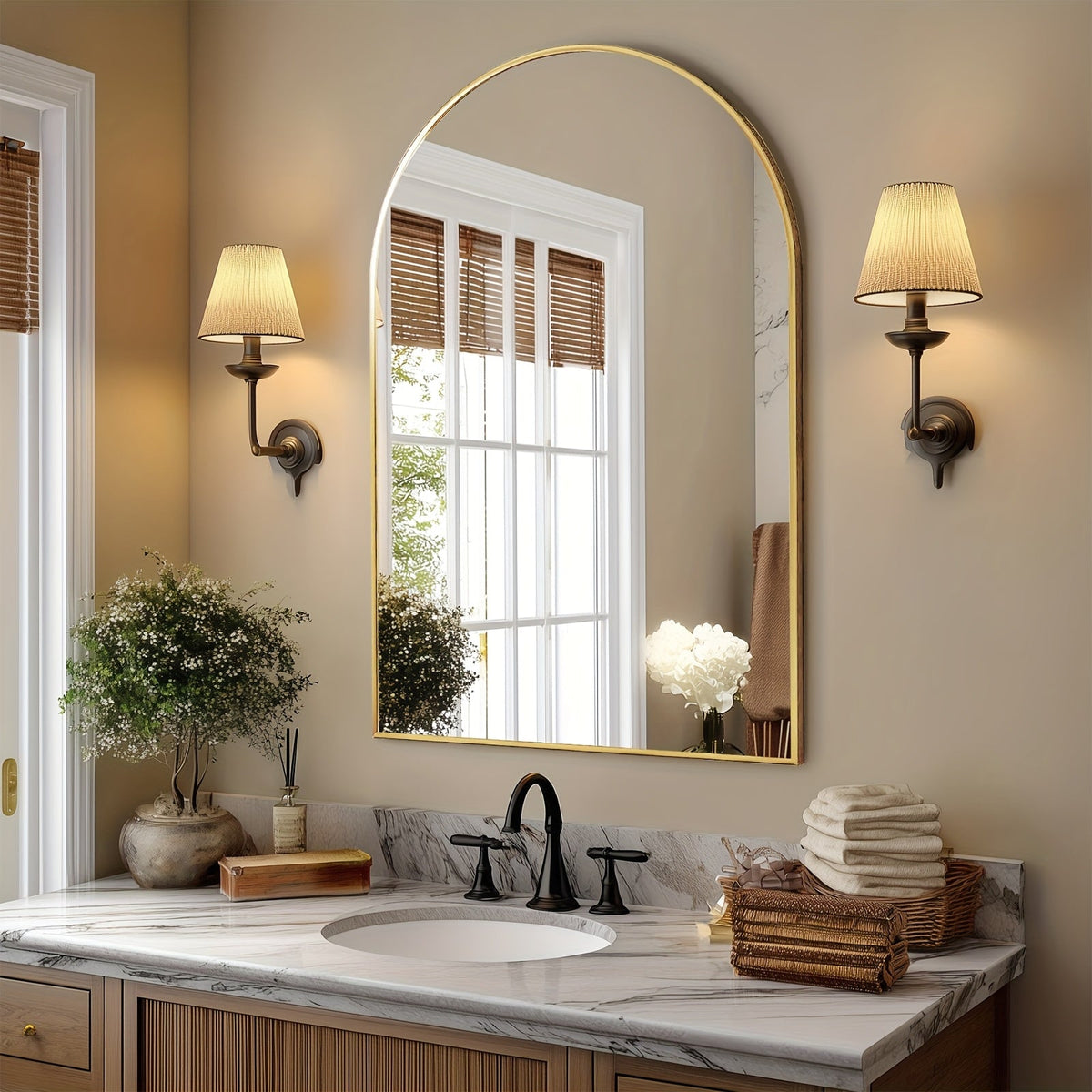 Arched Bathroom Mirror with Metal Frame - Wall Mounted Vanity Mirror - 6 Sizes (22×30 to 31×32in) - Bathroom, Bedroom & Entryway - Gold & Black